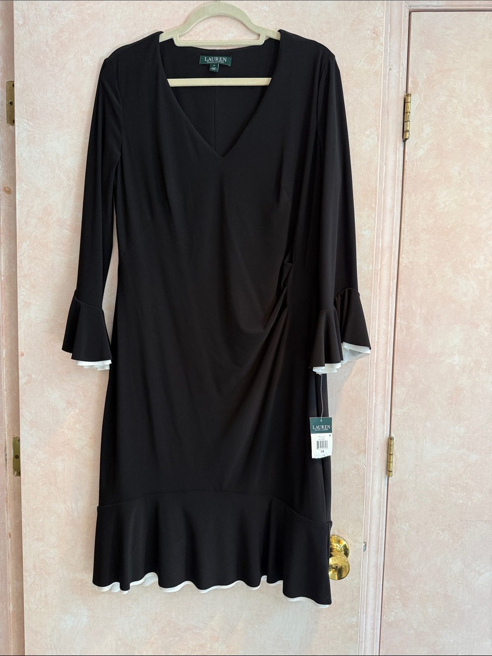 Lauren Ralph Lauren Black Long-Sleeve V-Neck Ruffle Hem Dress with White Trim